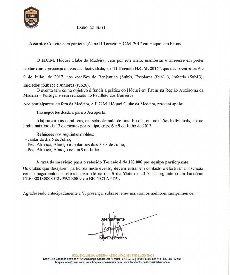 Convite para Torneio de hóquei em Patins na Região autónoma da Madeira
